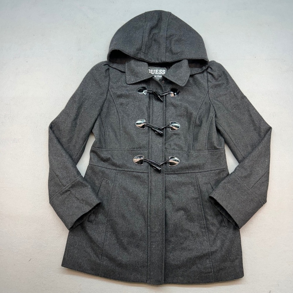 Guess Womens Wool Blend Toggle Coat Charcoal Gray Removable Hood Size L